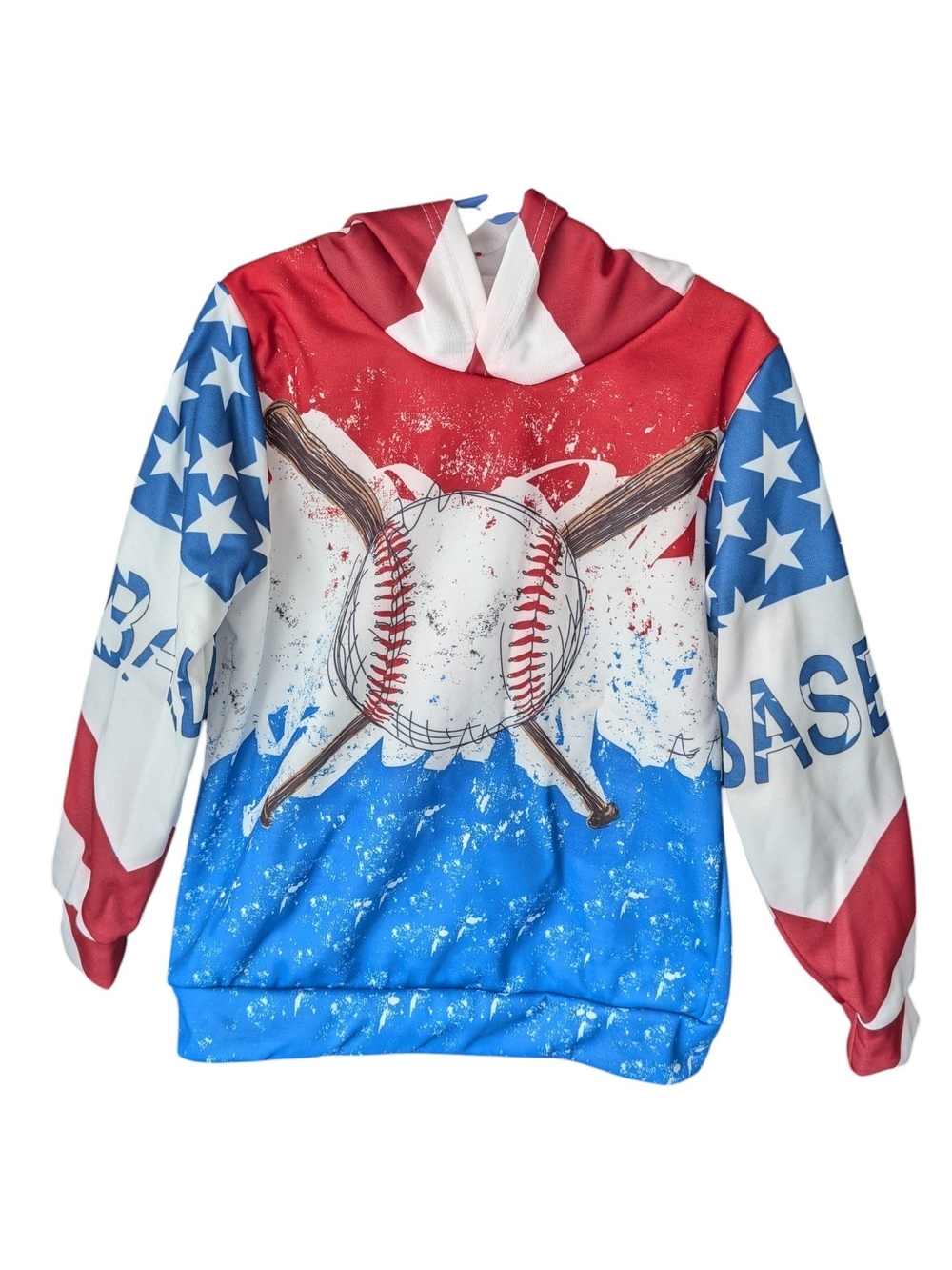 Kids Baseball Graphic Hoodie Fleece Sweatshirt- Red White Blue
